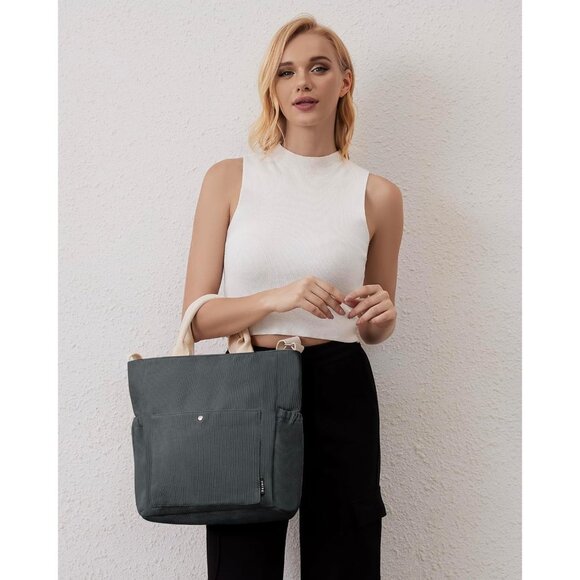 Prite Women Grey Corduroy Large Hobo Shoulder Crossbody Tote Bag With Pockets - Picture 6 of 6